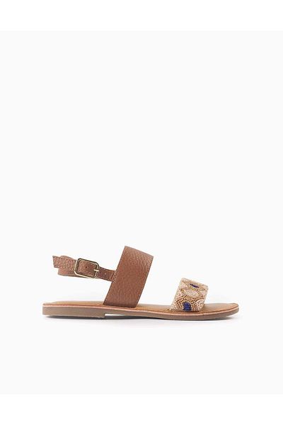 Ziddy Leather Sandals with Beads for Girls, Camel