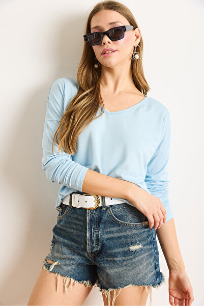 Olalook Bluză de damă, albastru bebeluș, argintiu, cu decolteu în V, din viscoză BLZ-19002747