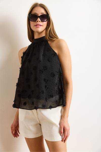 Olalook Women's Black Lined Neck Tie Halter Neck Textured Blouse Blz-19003027