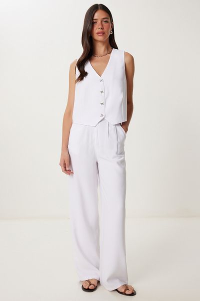 Lovelyİstanbul Bow Button Linen Vest Pants Suit White Lrv0110