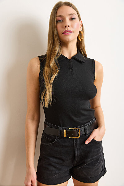 Olalook Γυναικεία μαύρη μπλούζα πόλο με κουμπιά εύκαμπτη βαμβακερή μπλούζα BLZ-19003039