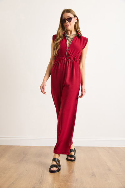 Olalook Women's Burgundy Zippered Elastic Waist Draped Jumpsuit Tlm-19000163