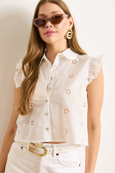 Olalook Жіноча біла сорочка з круглим коміром, кроп-топ, бавовняна, GML-19001361