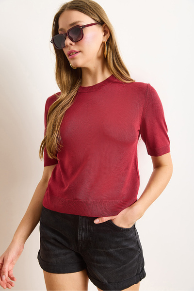 Olalook Women's Burgundy Crew Neck Draped Viscose Knitwear Blouse Blz-19002948