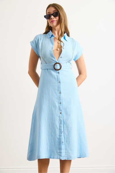 Olalook Women's Blue Insole Sewn Belted Muslin Shirt Dress Elb-19002423