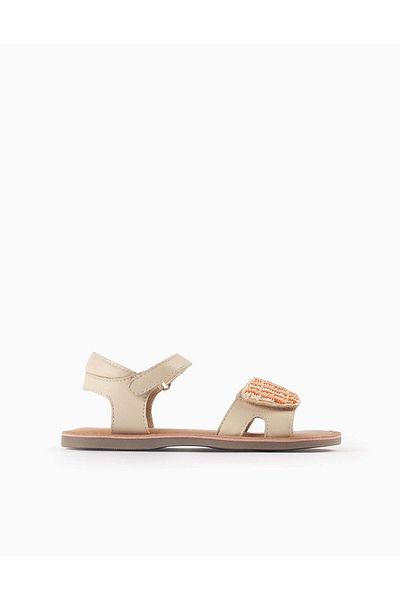 Ziddy Leather Sandals with Beads for Girls, Beige