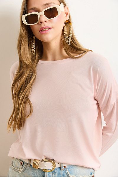 Olalook Γυναικεία Candy Pink Crew Neck Bat Flowy βισκόζη μπλούζα BLZ-19002588