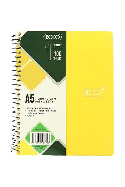 Roco Neon Yellow Lined Notebook A5 - 100 Sheets