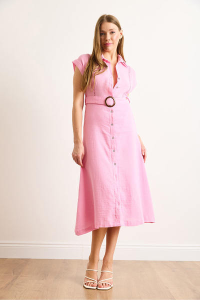 Olalook Women's Candy Pink Lining Sewn Belted Muslin Shirt Dress Elb-19002423