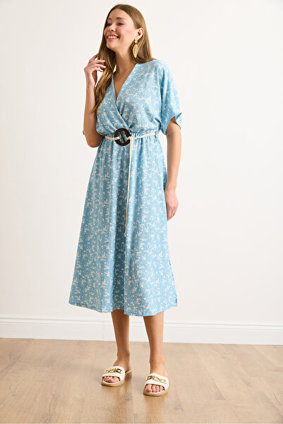 Olalook Дамска синя рокля миди с двуредно закопчаване и яка тип „прилеп“ ELB-19002458