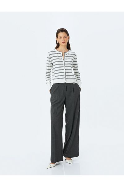 Koton Button Detailed Long Sleeve Crew Neck Striped Cardigan