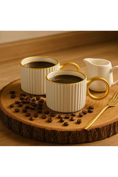 Pembelia Life Set of 2 Porcelain Coffee Cups Set with Gold Detail