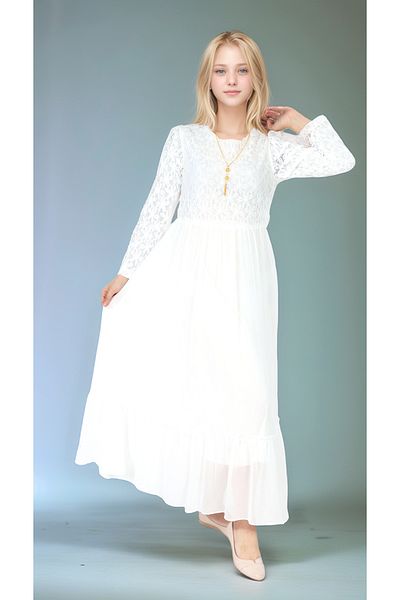 Joui Co Girls' Hijab Dress-Lace Pattern-Lined-Chiffon Fabric- Long Dress with Necklace Detail