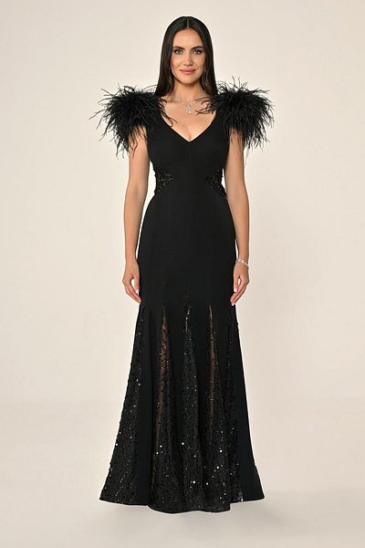 ALFABETA Long Evening Dress with Sequined Knitted Fabric on the Waist Back and Skirt with Otriş on the Shoulders