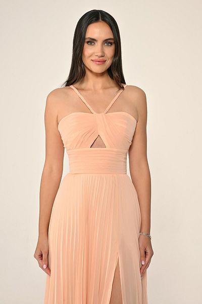 ALFABETA Mesh Strap Pleated Chiffon Long Evening Dress Alfa Beta