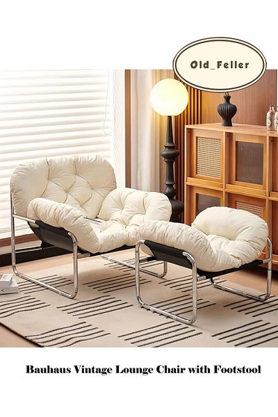 Old_Feller Bauhaus lounge chair & footstool, stain-resistant PU leather, chrome base, plush cushion for home