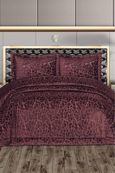 Çeyiz Diyarı Laçin Filled Velvet Double Bedspread Claret Red