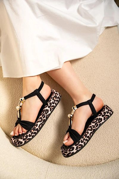 LamintaGlobal Charmi Black Leopard Detailed Natural Stone Linen Women's Sandals