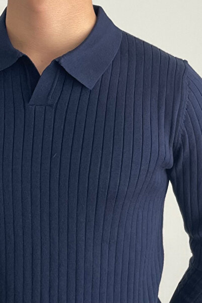 Tarz Cool Men's Navy Blue Slim Fit Long Sleeve Polo Neck Sweater