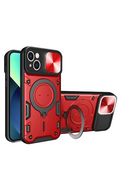 SKYDDAR INNOVATION Case for IPhone 13, CamGuard Pro, Magnetic Ring, Camera Protection, Red, sticker set