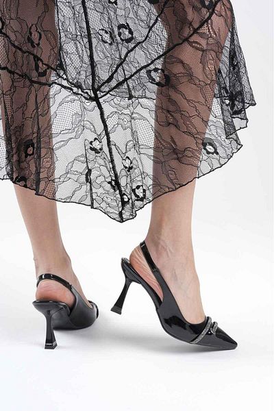Griffa Women's Black Patent Leather Stone Open Back Daily Comfortable Evening Dress Stiletto Heeled Shoes