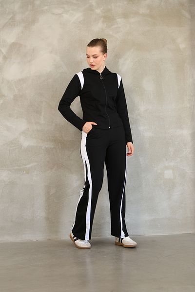 vesantia Women's Black Hooded Stripe Detailed Tracksuit Set – Zippered, Straight Leg, Comfortable Fit