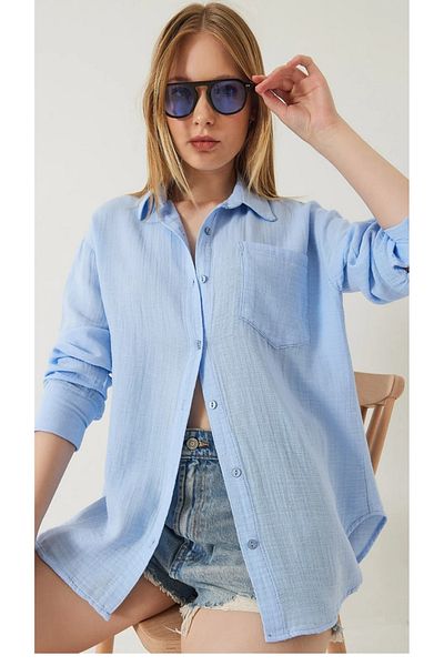 THIFF GYMWEAR Cămașă de muselină de bază oversize pentru femei, cu buzunare