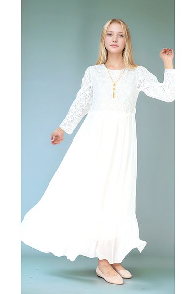 Joui Co Girls' Hijab Dress-Lace Pattern-Lined-Chiffon Fabric- Long Dress with Necklace Detail