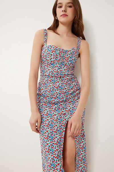 Lovelyİstanbul Patterned Strap Midi Viscose Dress Green Red Lfg0015