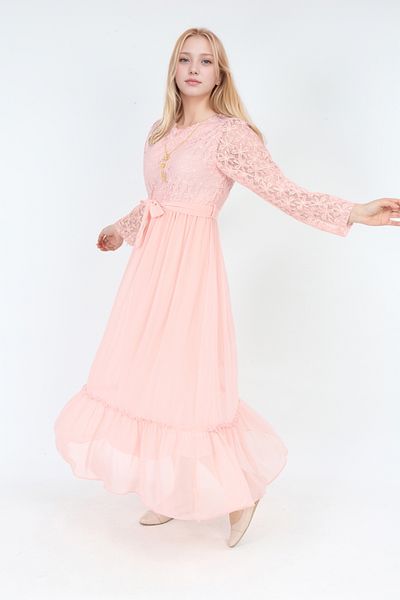 Joui Co Girls' Hijab Dress-Lace Pattern-Lined-Chiffon Fabric- Long Dress with Necklace Detail