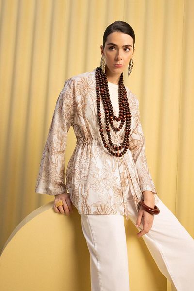 ALLDAY Mink-White-Patterned Belted Kimono