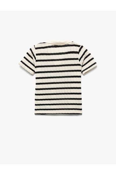 Koton Short Sleeve Striped Polo Neck Openwork Crochet T-Shirt