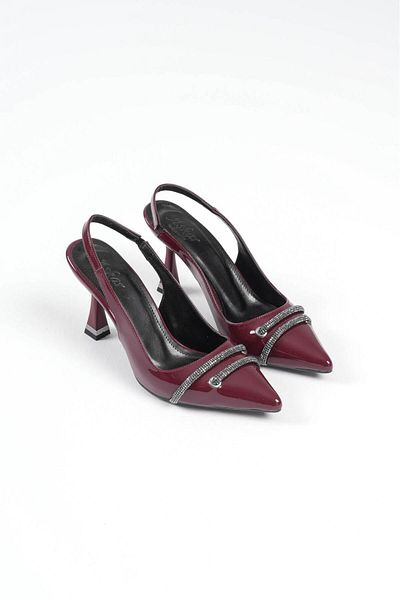 Griffa Women's Burgundy Patent Leather Stone Open Back Daily Casual Evening Dress Stiletto Heeled Shoes