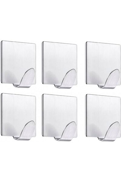 Bosdontek Set de 6 cârlige autoadezive Bosdontek, oțel inoxidabil, argintiu, 4,5 x 4,5 cm