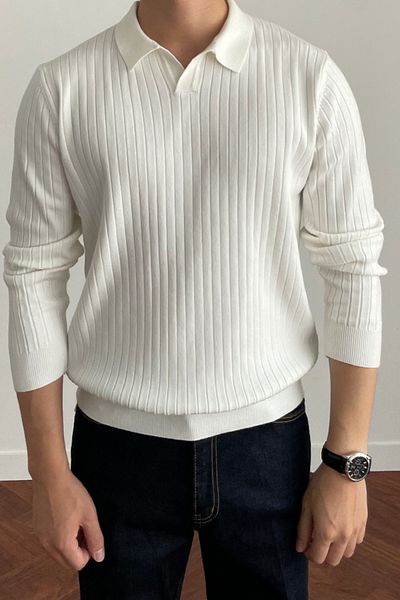 Tarz Cool Men's White Slim Fit Long Sleeve Polo Neck Knitwear Sweater
