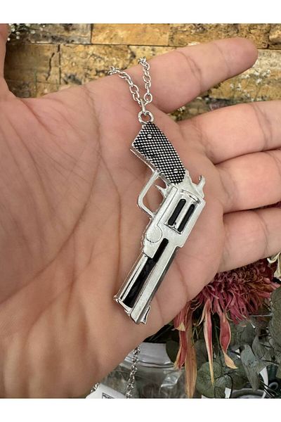 Herşey Nota Sixpats Revolver Pistol Figured Necklace – Silver Color Unisex Metal Jewelry