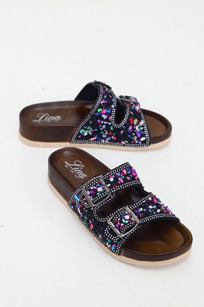 OBAY LİFE Black Women's Beaded Stone 2 Stripe Daily Slippers Nbr2026