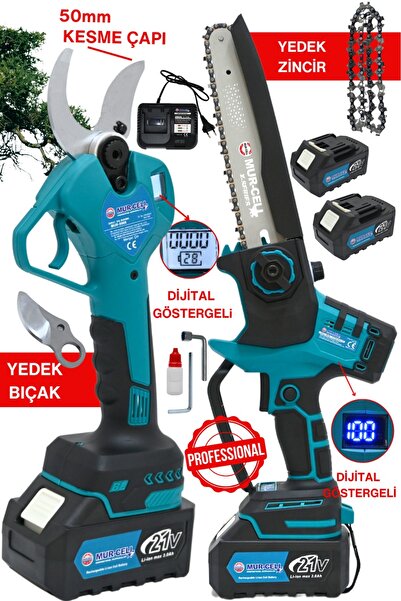 Mur-Cell Dijital Göstergeli 2Li Set A PLUS 21v 3Ah 50mm Budama Makası Kömürsü...