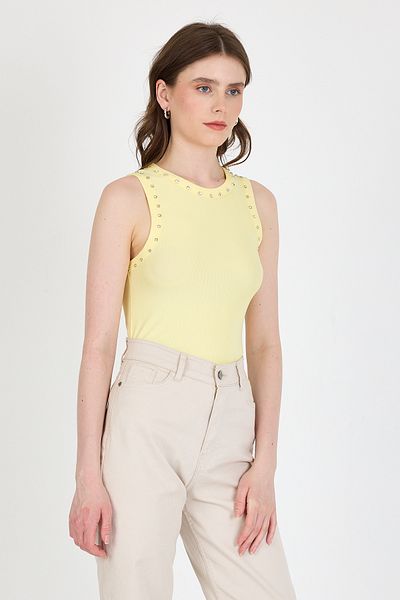 Rays Yellow Collar and Shoulder Stone Detailed Ribbed Knitted Undershirt 1249
