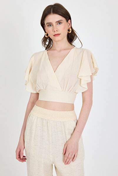 Rays Bluză crop cu mâneci cu volane, 100% bumbac, aspect natural de in 6942