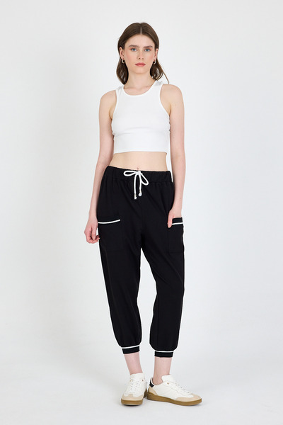 Rays Pantaloni de sport negri cu talie elastică și buzunar cu dungi 81524