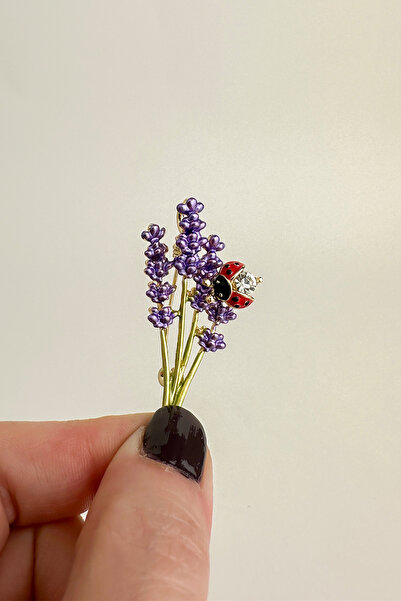 Modex Uğur Böceği Detay Lavanta Çiçeği Broş (5cm)