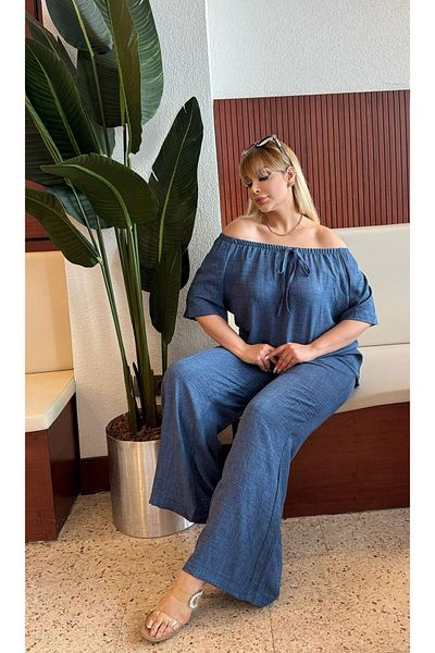 Butik Nilyam Women's Plus Size Sofia Linen Rubber Neckline Blouse Waist Elastic Pocket Loose Bottom Tracksuit Set 24782