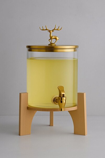 morponi Geyik Detaylı Bambu Standlı Şeffaf Cam Musluklu Şerbet- Meyve Suyu – Içecek- Su Sebili – 3,5 Lt