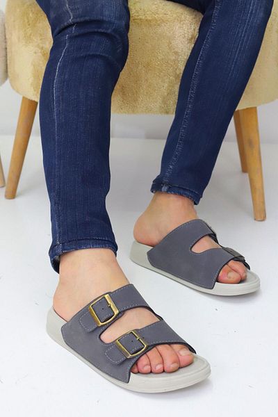 Nubbock Gray Men's 2 Buckle Flat Daily Slippers Nk2036