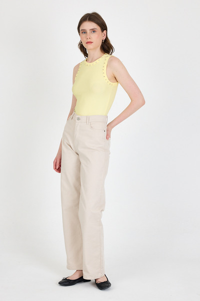 Rays Yellow Collar and Shoulder Stone Detailed Ribbed Knitted Undershirt 1249