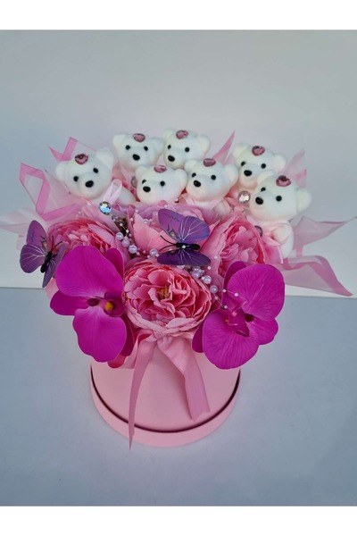 Destina Tasarım Newborn Baby Girl Gift Box with Teddy Bear and Flower Arrangement Sweetheart Gift Birth Gift