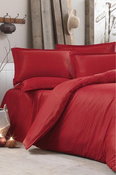 Çeyiz Diyarı Dowry Land Stripe Double Pollysatin Duvet Cover Set Red