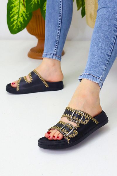OBAY LİFE Black Women's 2 Belted Straw Daily Slippers Nbr2034