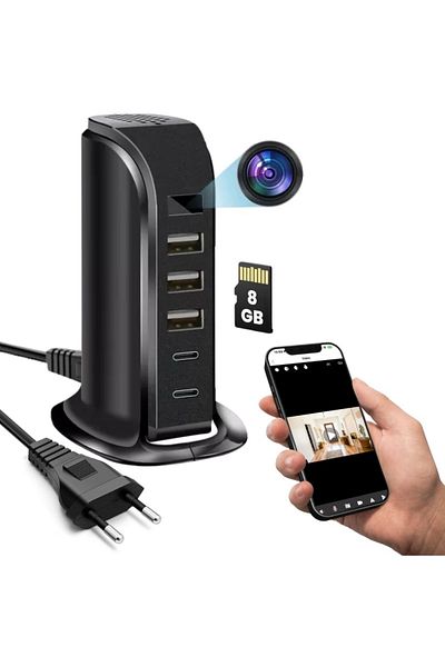 iUni Mini Wi-Fi Camera iUni IP91, Full HD, 8GB, Charging Station, 2 Type-C ports, 3 USB-A ports, 20W